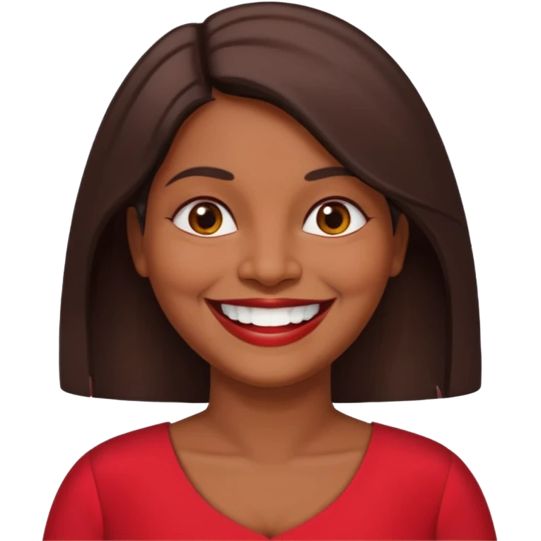 50 yr old chubby Sri Lankan woman, dark skin, straight brown hair, big smile, white teeth, red dress clothes, shoulder length hair, longer hair emoji