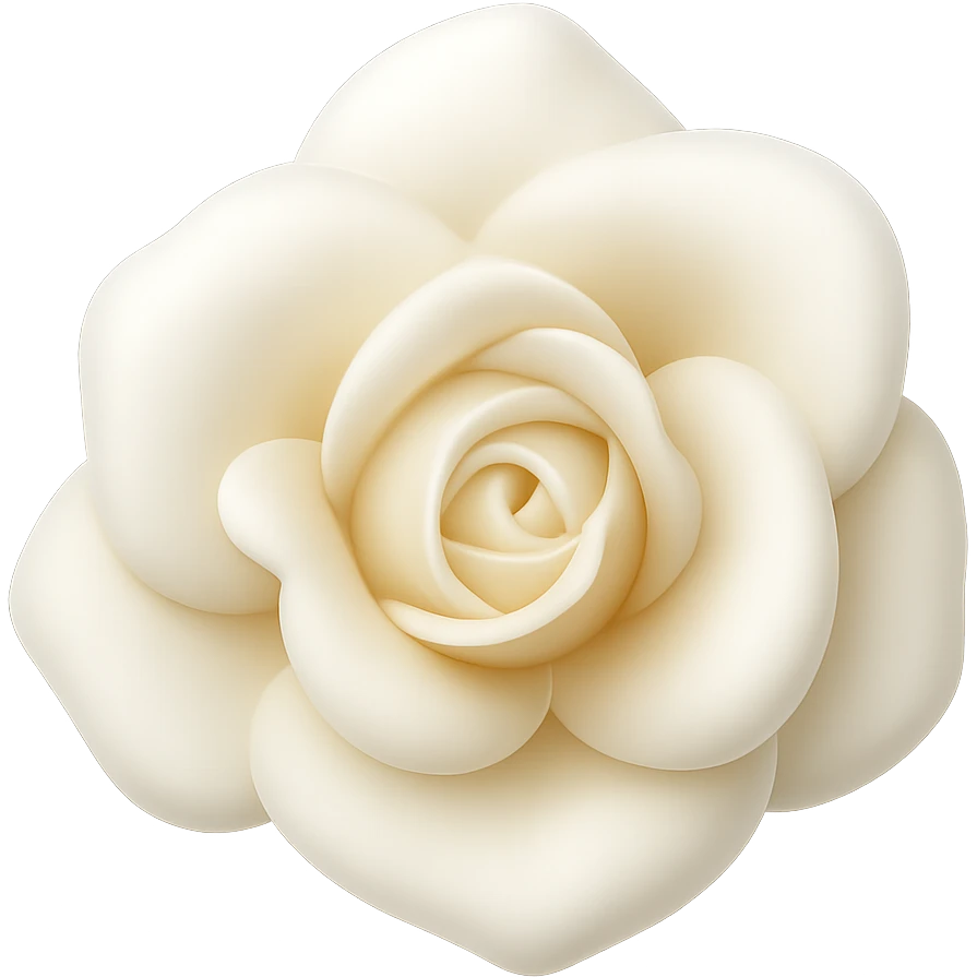 Create a 3D illustration of a white rose in the style of iOS Apple emoji, featuring volumetric petals, on a transparent square background. The style should mimic the look and feel of Apple emojis with detailed shading and smooth gradients. emoji