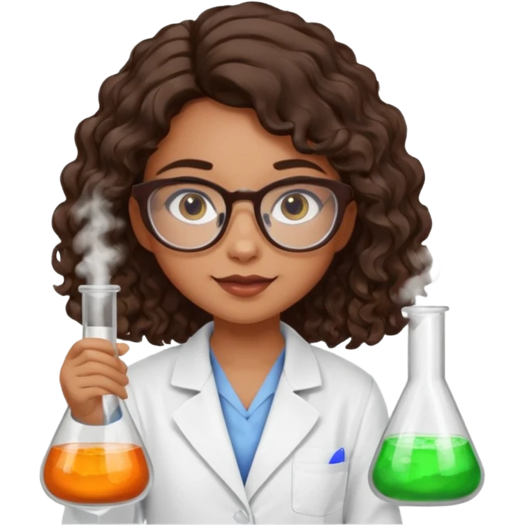 realistic bratz doll with long loose curly dark brown hair, glasses that are round cat eye vibes, in a lab coat mixing beakers that glow shes a 4th grade girl emoji