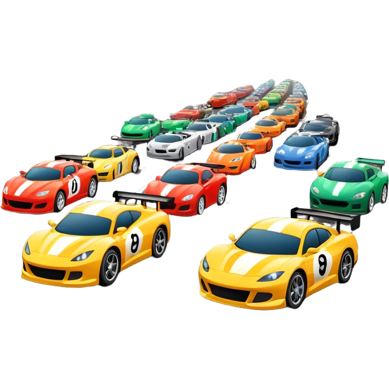 grandstands filled with cheering crowds, checkered flags waving, and traffic lights signaling the start, with a thrilling atmosphere of anticipation and speed. Sporty cars and motorcycles lined up at the starting line, ready to race, with a vibrant racetrack in the background. emoji