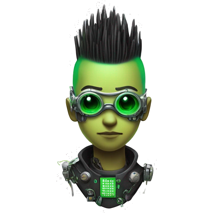 Mohawk hair with neon green highlights Asian male cyborg head with neon silver steampunk goggles and circuits emoji