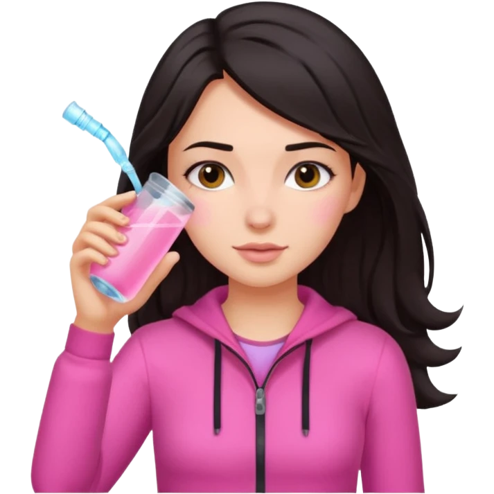 Emoji de menina de cabelos escuros hidratando o cabelo com roupas rosa emoji
