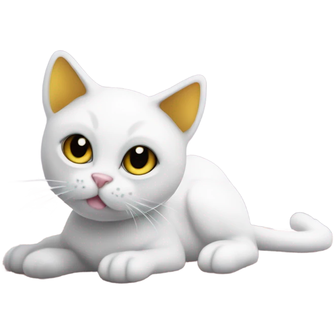 A sleek white cat with black markings on its head and body, large upright black ears, golden-yellow eyes, and a light pink nose, lying on a crocheted white mat. emoji