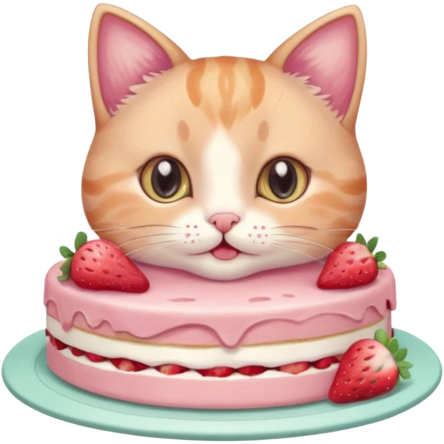 A cute cat happily eating a slice of strawberry cake, pastel color palette, soft shading, big sparkling eyes, kawaii style, highly detailed digital illustration, cozy atmosphere
, emoji