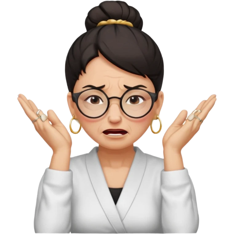  middle aged woman with dark hair pulled up in a high bun, wearing round ring earrings and glasses, expression extreme pain on her face, covering her ears with her hands very painful expression on her face, eyes squeezed shut, wincing in pain covering her ears with her hands emoji