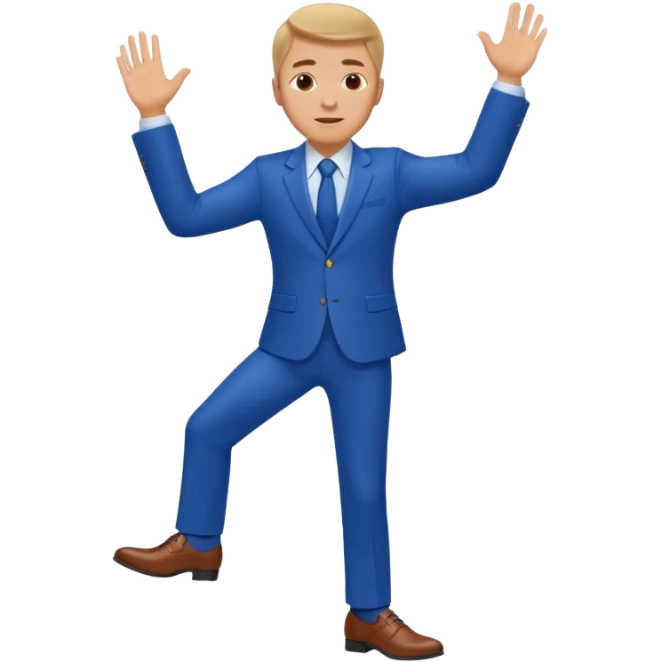 white man in a blue suit and shoes, one hand raised emoji