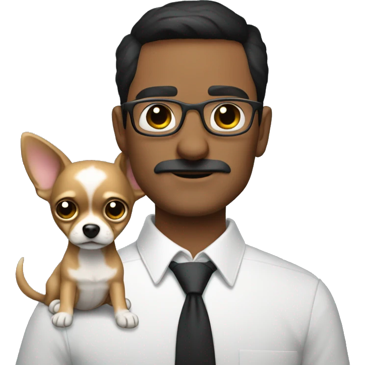 dark hair dark eye man with short mustache wearing glasses holding chihuahua emoji