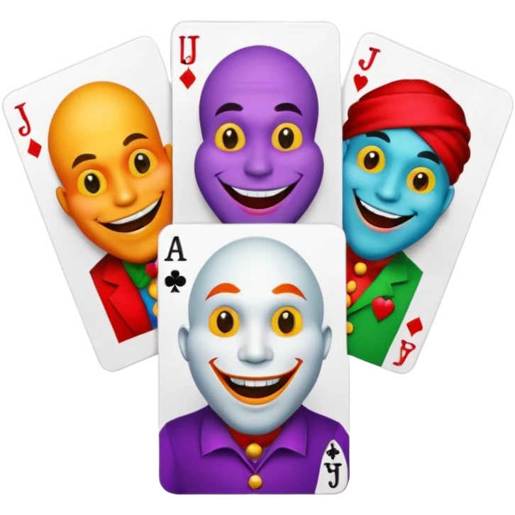 3 poker cards, with crazy colorful human jolly jokers inside, face and torso only emoji