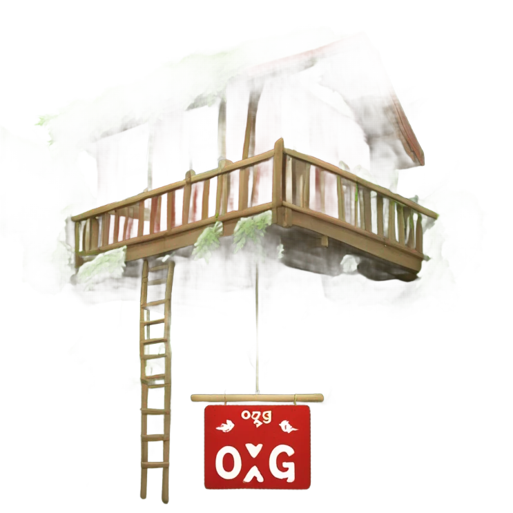 Treehouse with weed leaves with hanging red sign that’s reads OXG in white letters emoji