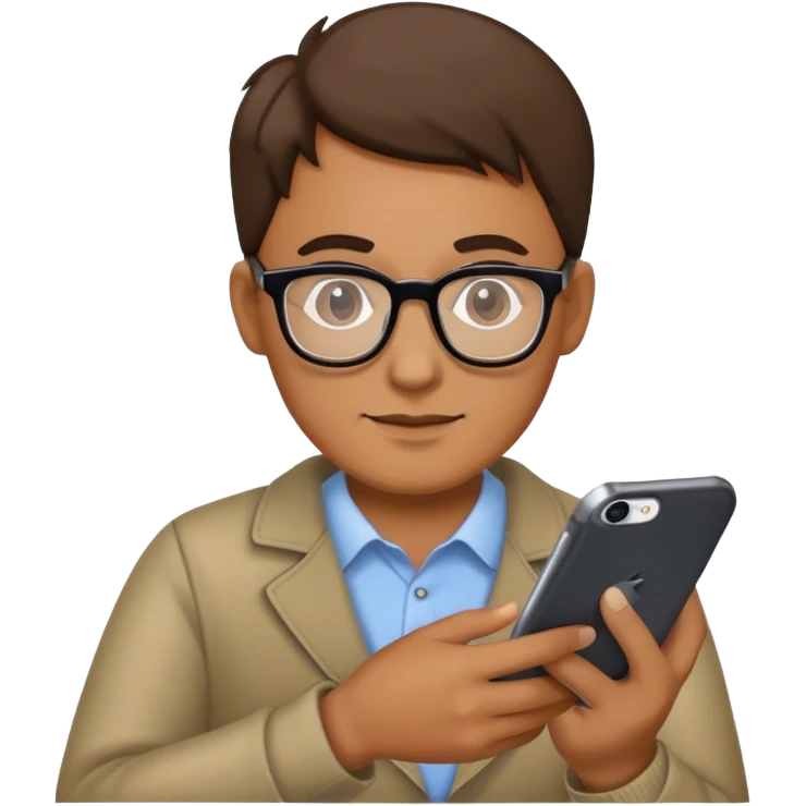 Hombre con lentes de leer, computador y iPhone emoji