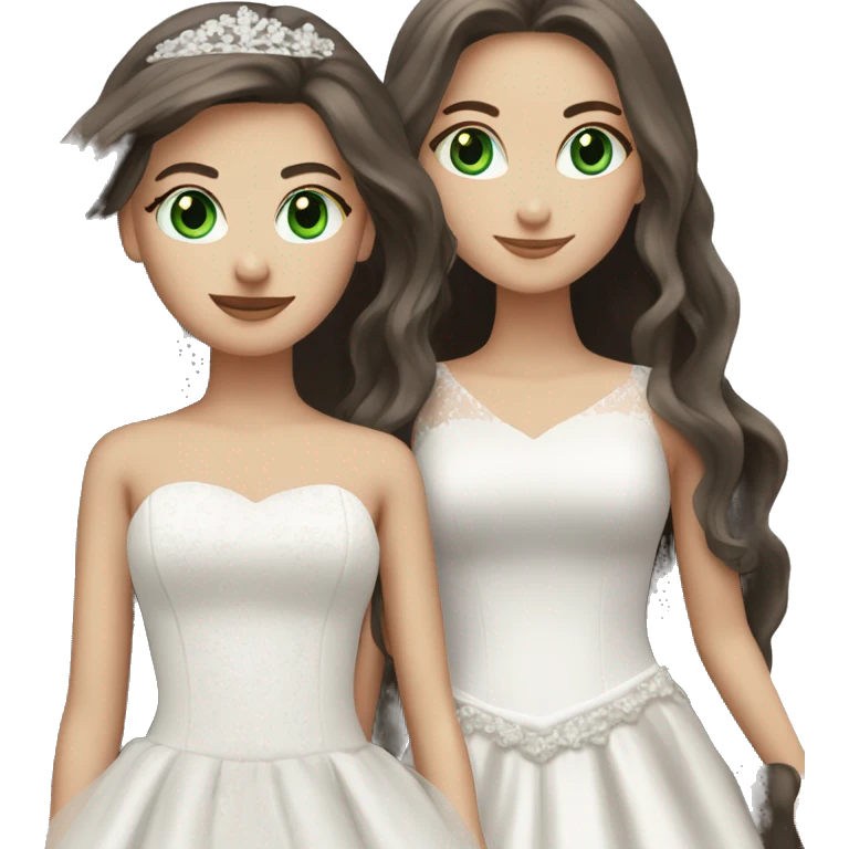 2 dark brown straight long hair white girls, one with green eyes and one with blue eyes. both in wedding dressed emoji