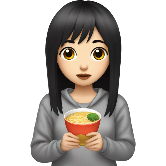 A girl with emo bangs, black hair and big black eyes with a sour face wearing a gray pajama sweater and holding a ramen in her hand. emoji