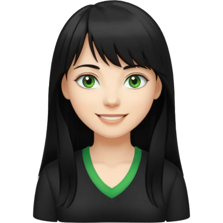 A white woman with Long straight hair with bangs, black hair, green eyes and a black low-cut shirt smiling emoji