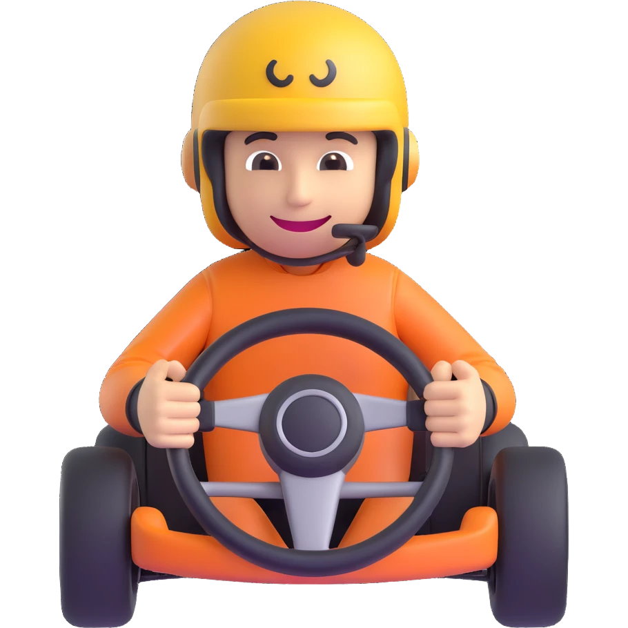 3D smiley emoji, round shape, wearing go-kart helmet, holding steering wheel, sporty face, transparent background (go-kart racing) emoji