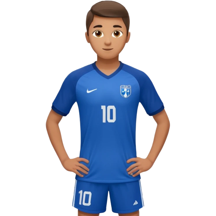 Apple emoji style 21 year old soccer player standing same pose, blue jersey #10, ultra realistic, studio lighting emoji