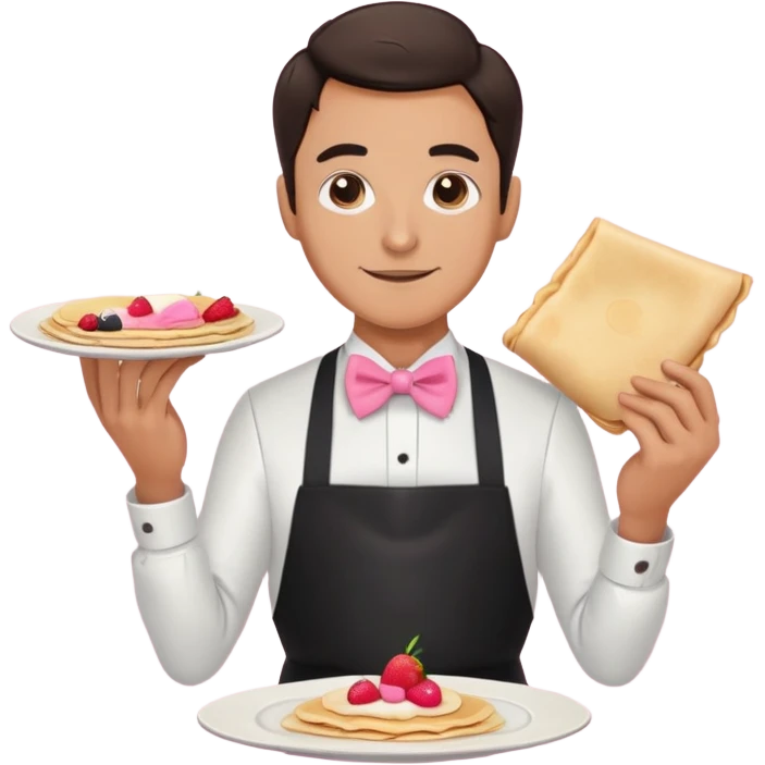 a man with a black apron and a pink bowtie doing crepes in a Cart  emoji