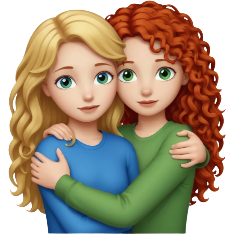 A girl with straight long blonde hair and blue eyes hugging a girl with red curly hair and green blue eyes emoji