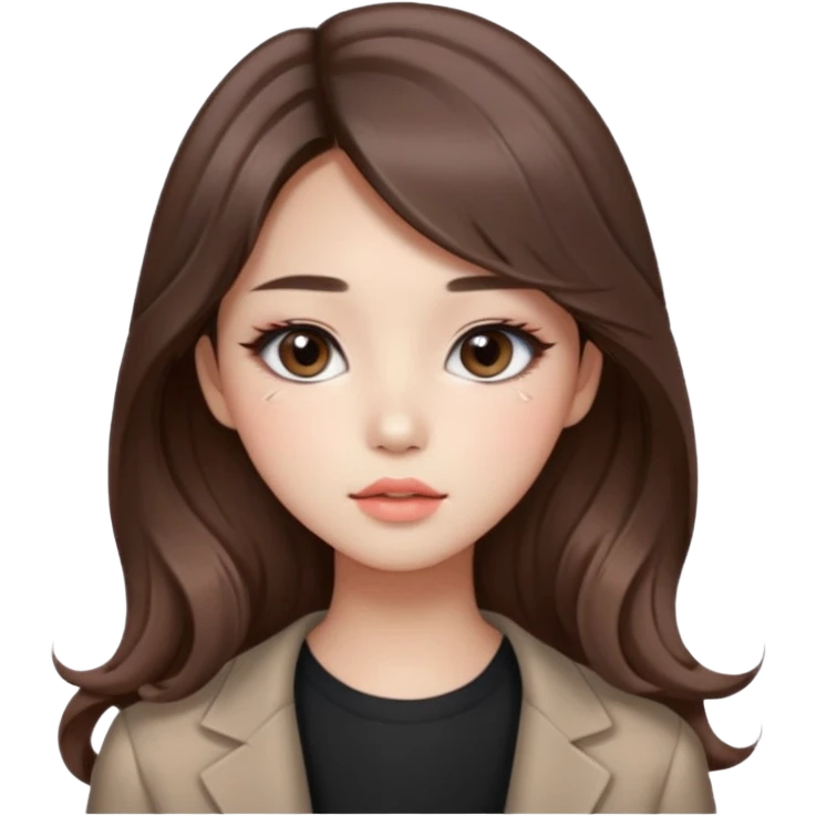 “korean straight brown hair Emoji girl, soft eyeliner and blush, gradient lips, light brown shimmer eyeshadow, long wavy hair,  emoji