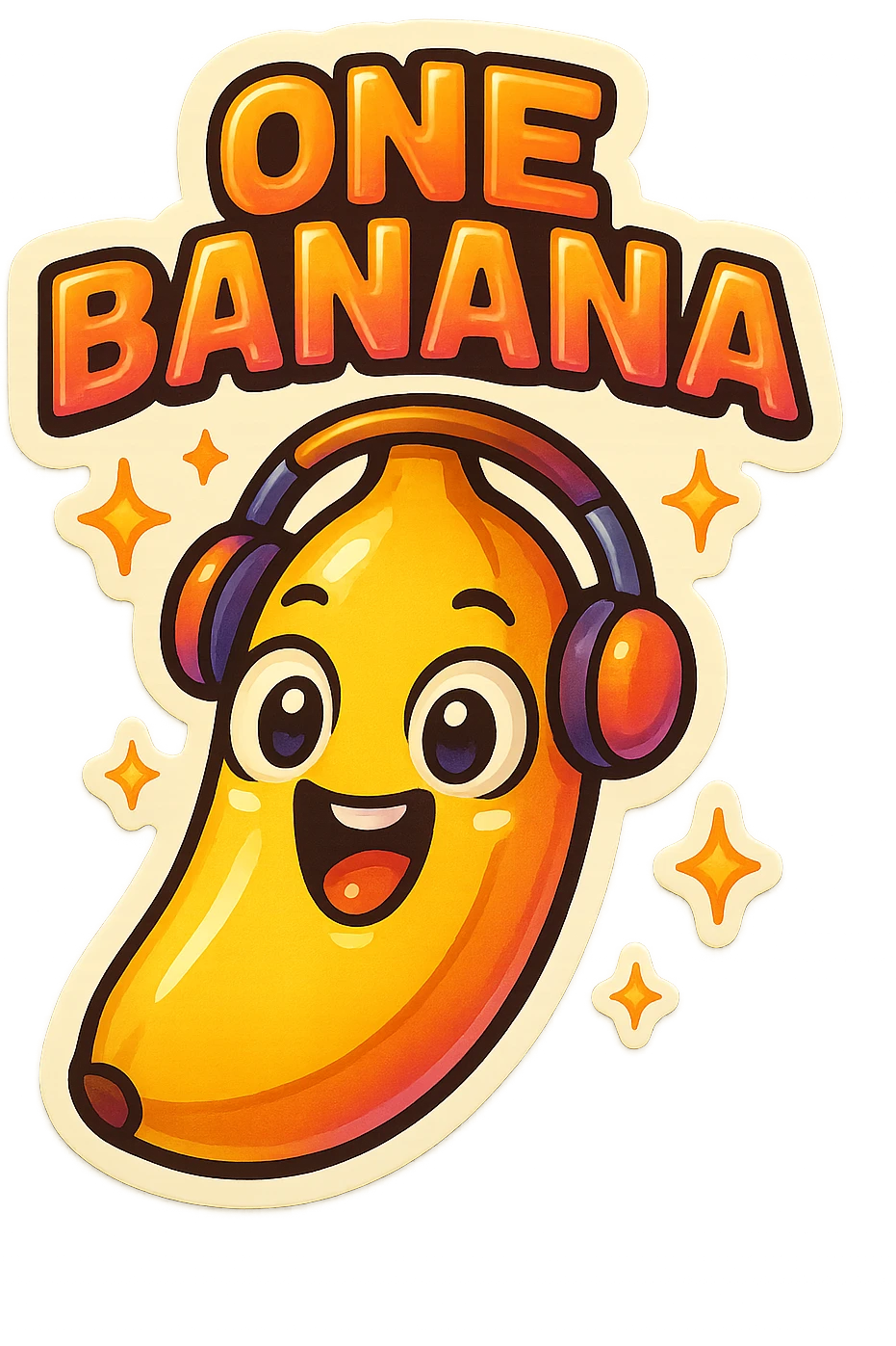 Funny cartoon banana, big happy smiling face, wearing tiny headphones, wide excited eyes, tiny sparkles around, text above: "NE BANANA", chibi style, Twitch emoji style, colorful, transparent background emoji