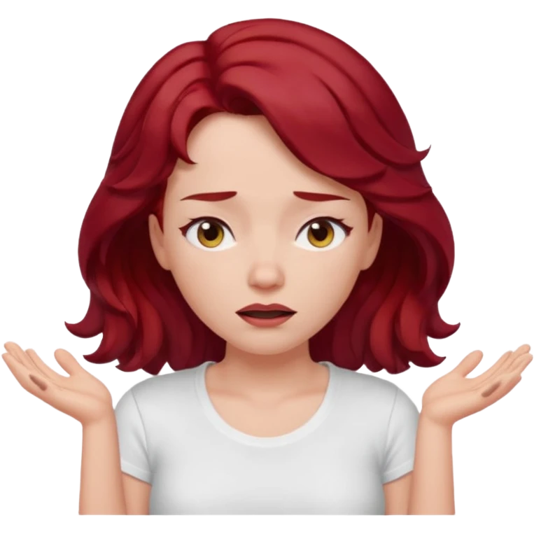 woman shrugging, eyes closed, white t-shirt, dark red hair emoji