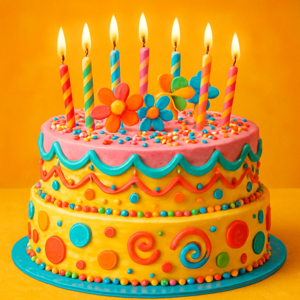 festive cake with candles and decorations, bright, festive style emoji