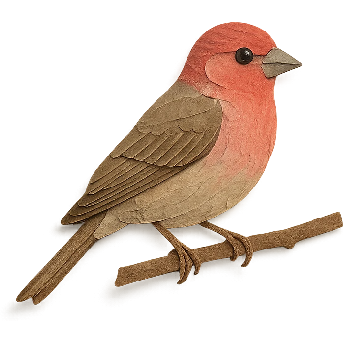 house finch sitting on a branch, delicate paper layers, naturalistic pose, subtle color variations emoji