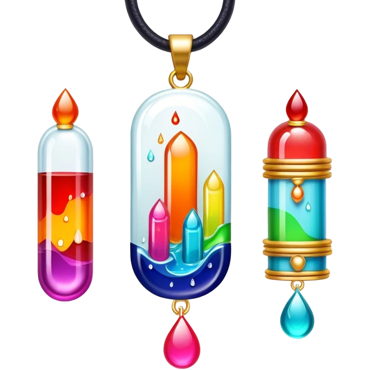 Create an icon that represents decorative arts using epoxy resin in tubes. The design should feature colorful tubes of resin, including fluorescent resin tubes, with visible drops or strokes of resin being applied to create intricate designs. Include examples of finished resin jewelry or decorative pieces, such as pendants, rings, or abstract art. The composition should feel vibrant and artistic, highlighting the creative and glowing nature of resin crafting. The background should be transparent. emoji