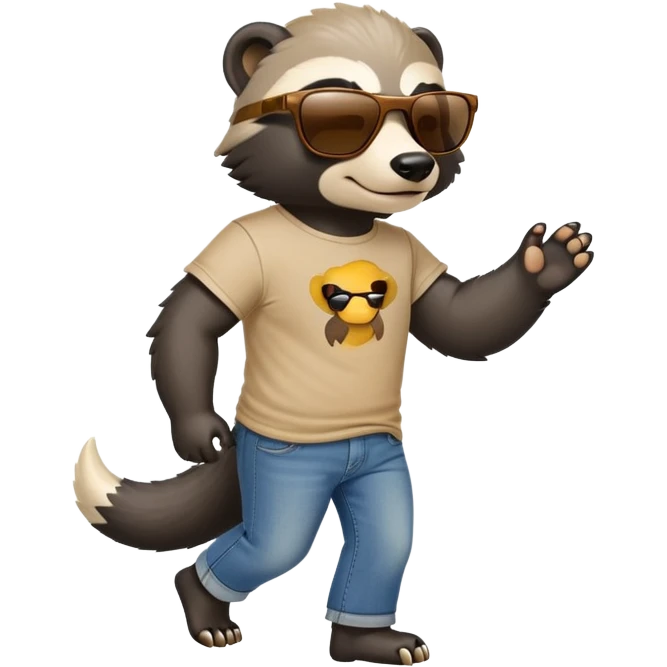 friendly anthropomorphised honey badger in jeans and a t-shirt, wearing sunglasses, walking upright, relaxed pose emoji
