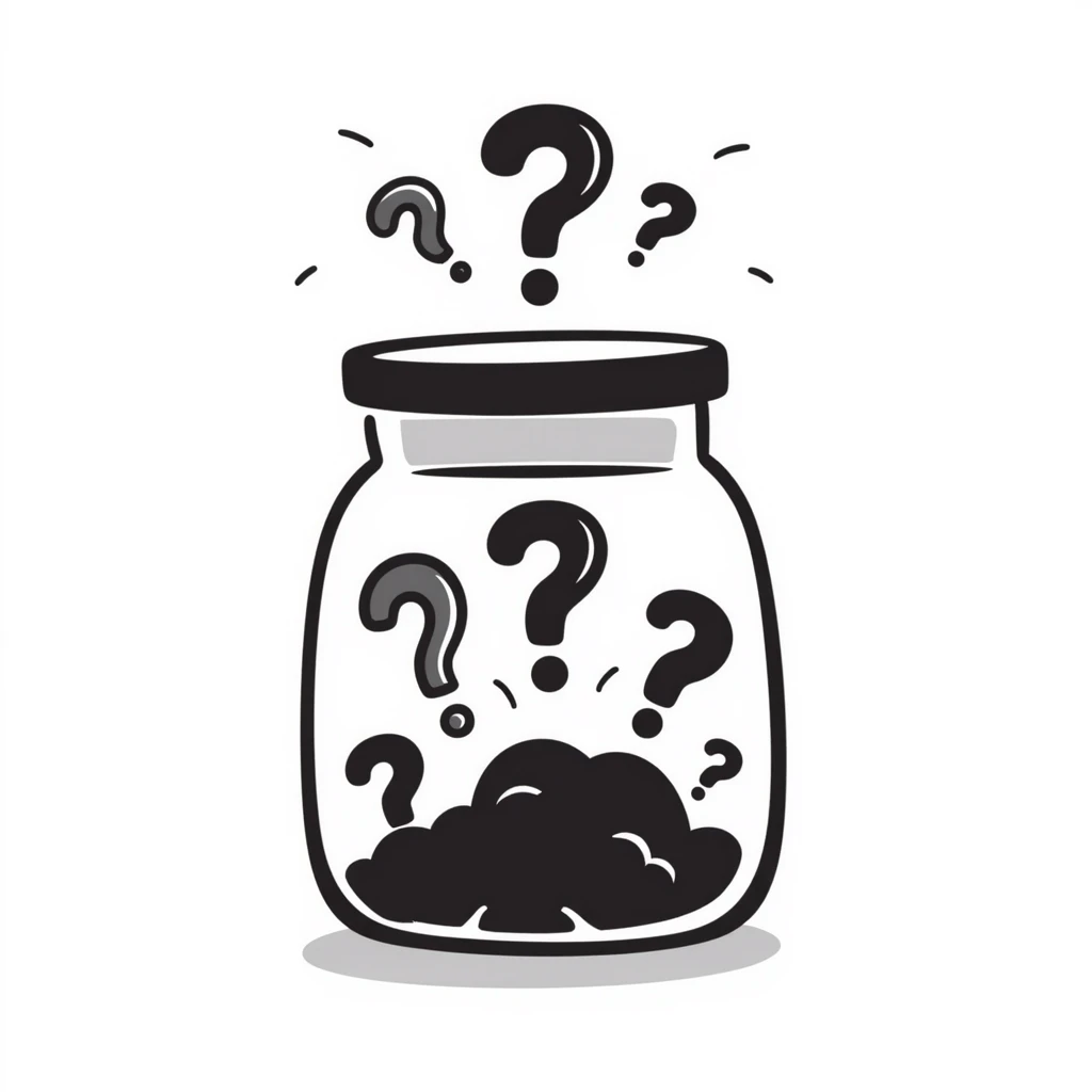 glass jar filled with question marks, hand-drawn doodle style emoji