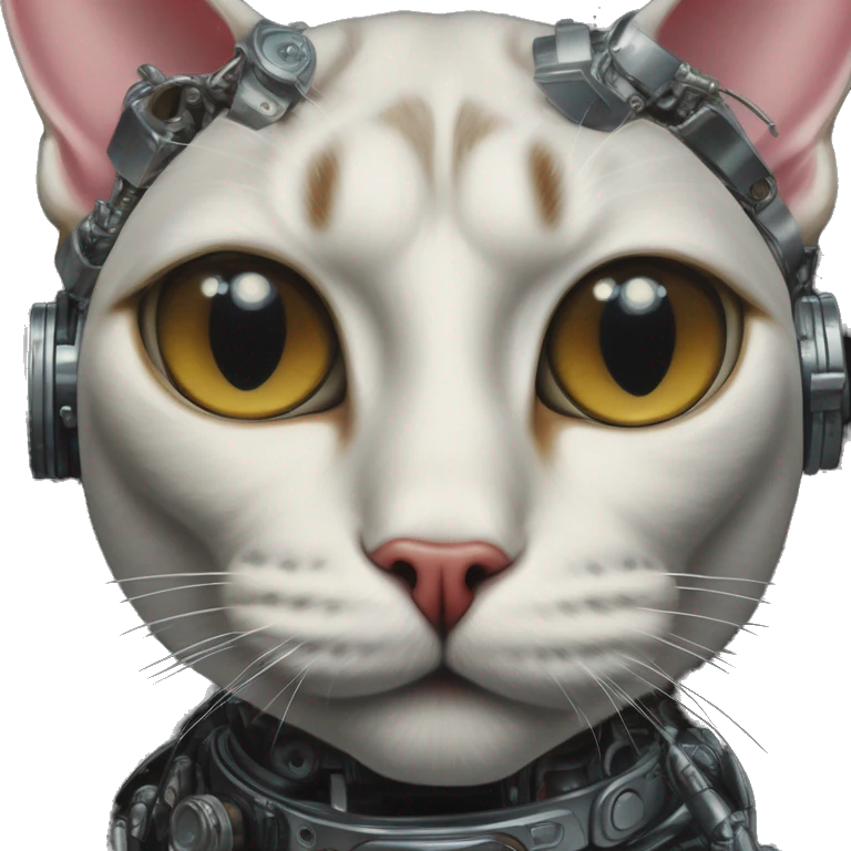 Cyborg cat in Gucci style, oil paint, mysterious eyes, intricate lips, masterpiece portrait , odd perspective, beautiful, desirable, logical emoji