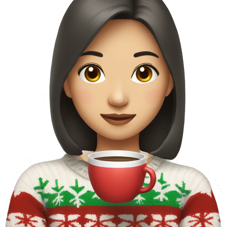 asian girl drinking coffee wearing Christmas sweater emoji