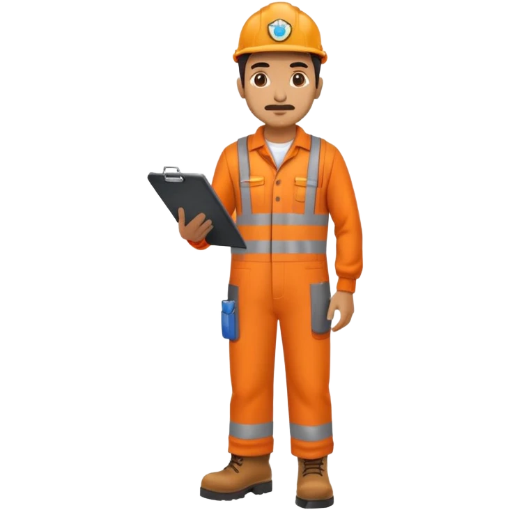 Indian male railway engineer orange overalls, boots holding a clipboard emoji