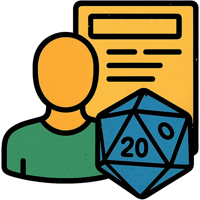 minimalist icon representing Player for DnD TTRPGs with silhouette, D20 dice, or character sheet, worn and distressed look emoji