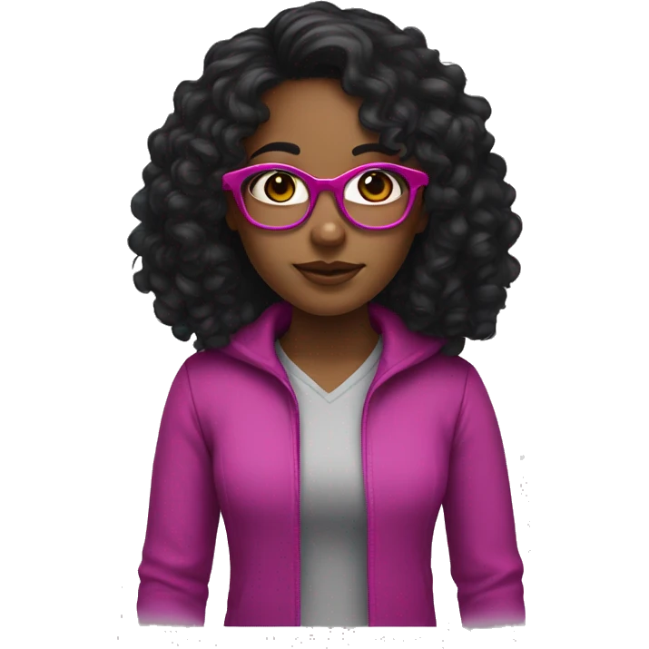 Girl with long curly black hair and brown skin and dark brown eyes and fuchsia glasses  emoji