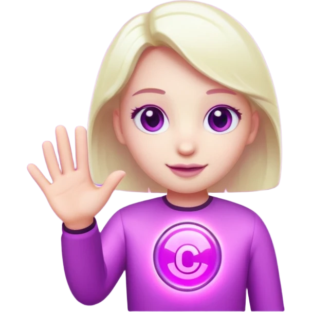 Friendly round AI mascot with a neon C badge, floating hologram in hands, purple-magenta glow. emoji