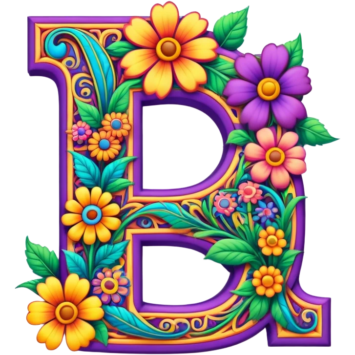 3D, gothic style psychedelic colored capital Letter P with hippie style flower border emoji