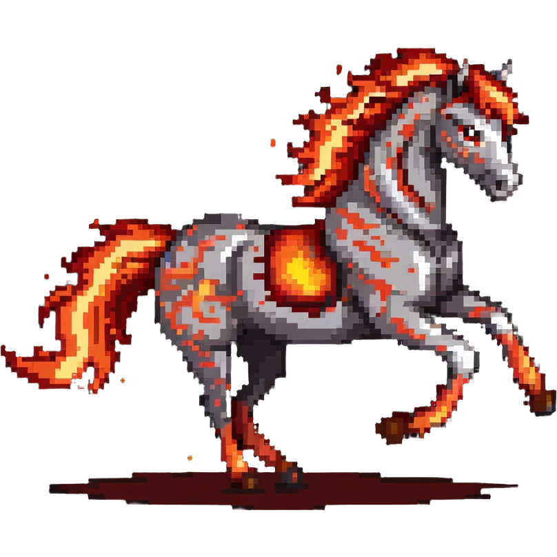 Red fast fire horse made of embers, magma, visible lava, burning, with ash particles surrounding it. Horse galloping with a fiery mane and tail. emoji