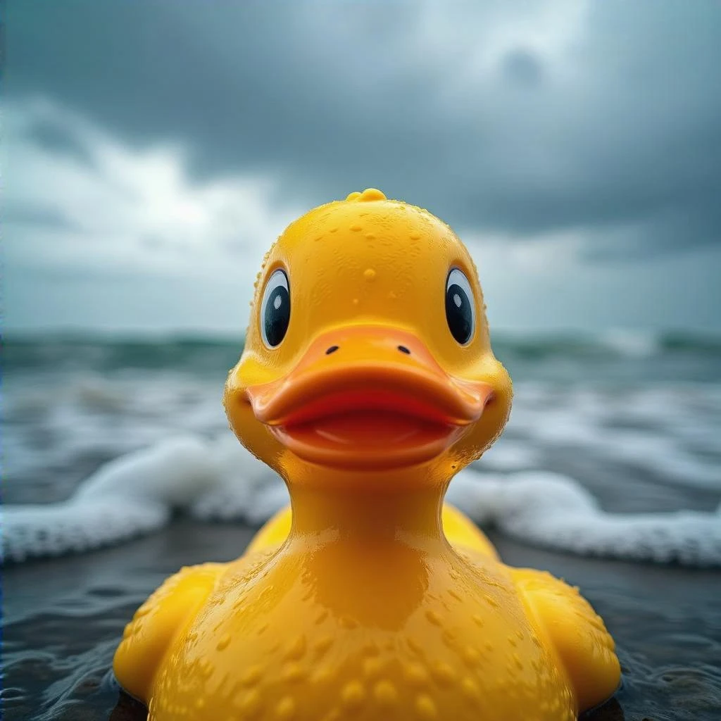 Extreme Closeup shot of Yellow duck toy on ocean during cloudy day, stormy sea, Camera from top, inspired by interstellar emoji