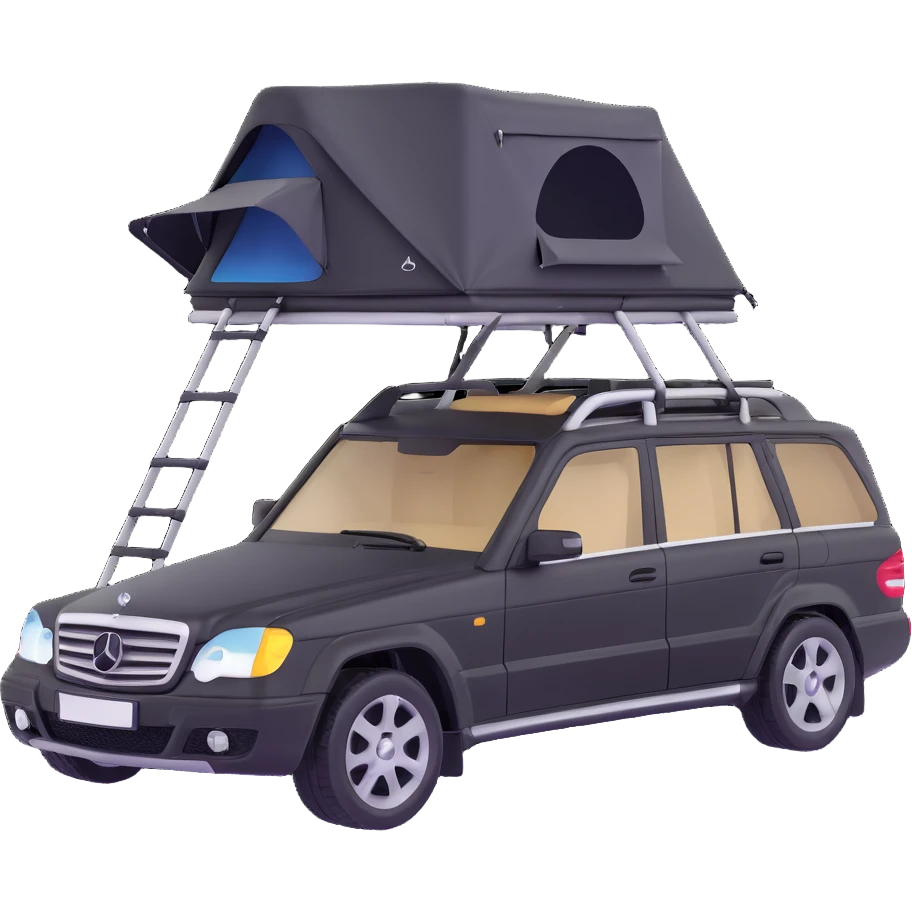 black Mercedes-Benz car with roof tent emoji