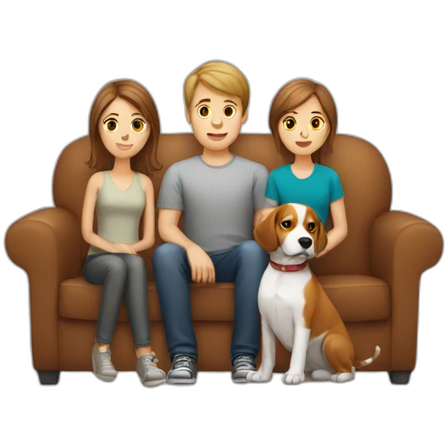 Brown hair White boy and girl with beagle Sit on couch emoji