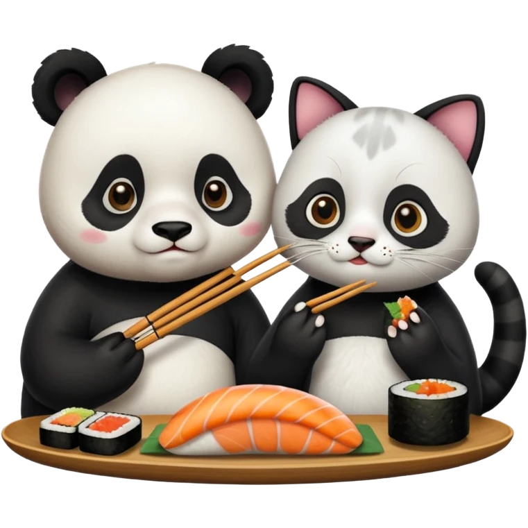 panda and cat eatting sushi together emoji