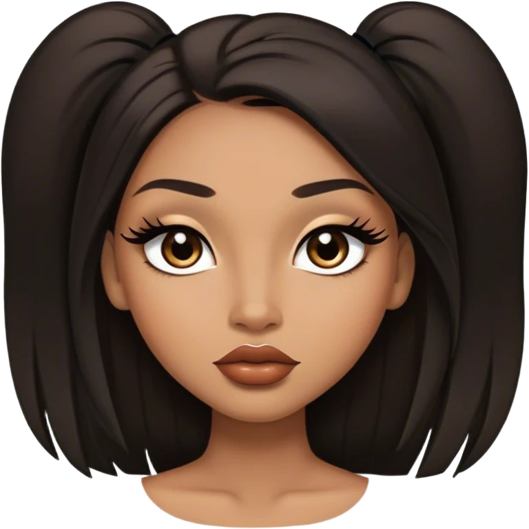 light brown skin tone, very beautiful woman, with big plump lips, long long lashes, black straight long hair, middle hair parting, brown eyes, black dress, emoji