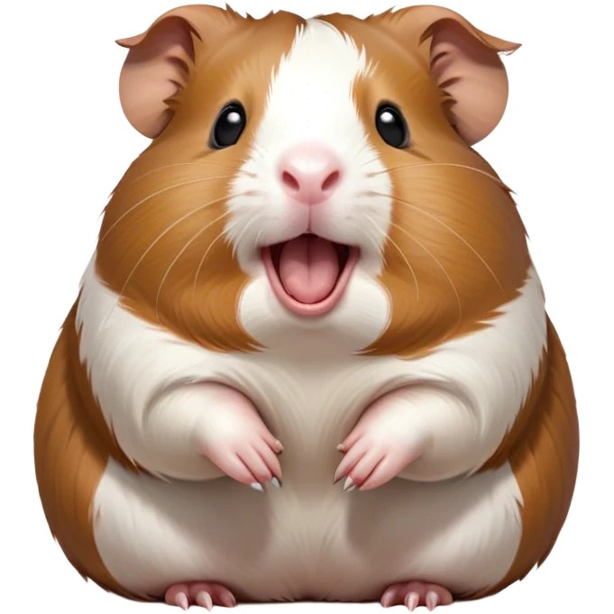 Cinematic Cute Yawning Brown and White Banded Guinea Pig Portrait Emoji, Head tilted slightly with a dramatic, wide-open yawn, revealing a soft, banded coat of brown and white with tiny, droopy ears, round dark eyes barely open in drowsy contentment, Simplified yet irresistibly adorable features, highly detailed, glowing with a soft, cozy glow, high shine, relaxed yet expressive, stylized with a touch of whimsy, bright and endearing, soft glowing outline, capturing the essence of a sleepy yet affectionate guinea pig, so drowsy it feels like it could stretch out of the screen and curl up for a nap! emoji