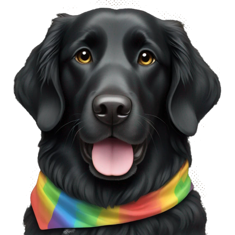 Black Flat coated retriever with small ears wearing rainbow bandana emoji
