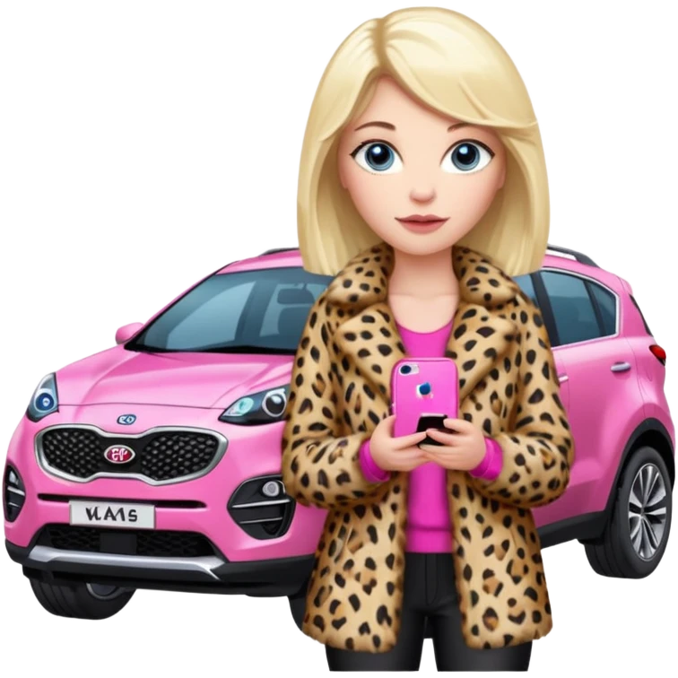 a blondie queen Arina in a leopard fur and pink iPhone 16 on her kia Sportage white car. blue eyes emoji