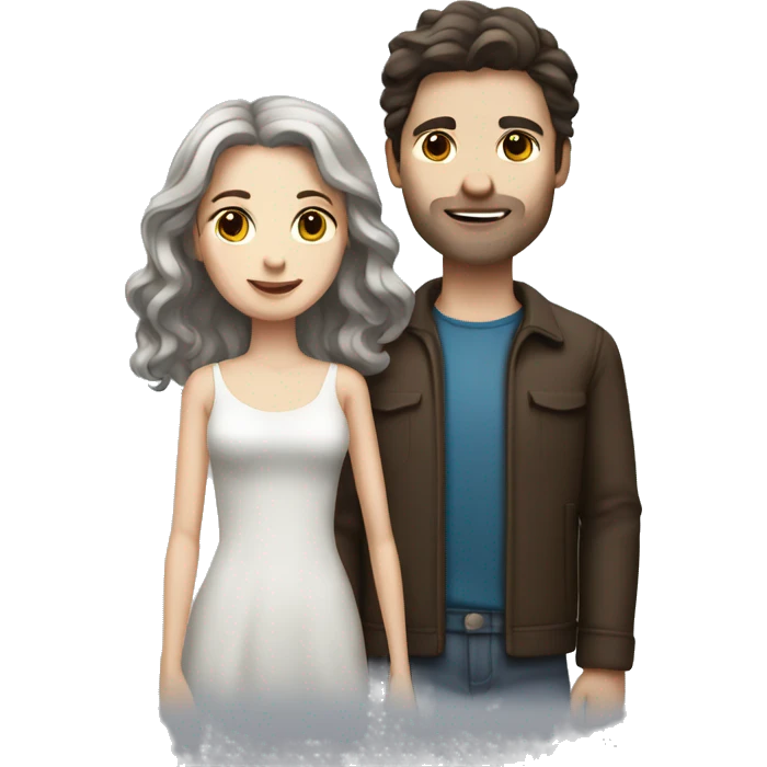 A straight couple that has dark brown wavy hair and white skin emoji