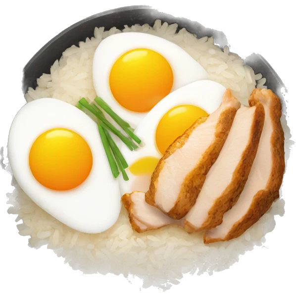 a bowl of rice with two eggs and chicken thigh front view emoji