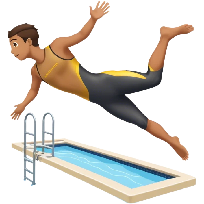 A diver mid-air after jumping off a diving pool,  Below him, a pool labeled "Confidence". A subtle 5-4-3-2-1 on the diving board shows they took the leap despite fear. emoji