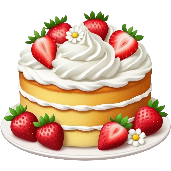 strawberry sponge cake with whipped cream and flowers emoji