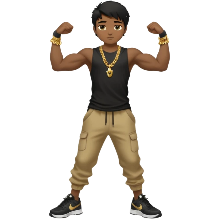 full side body close up view of muscular 13yo boy with veiny hands arms and biceps. has messy black hair with dark-tan skintone with black tshirt. has gold chain and nike shoes with baggy pants emoji